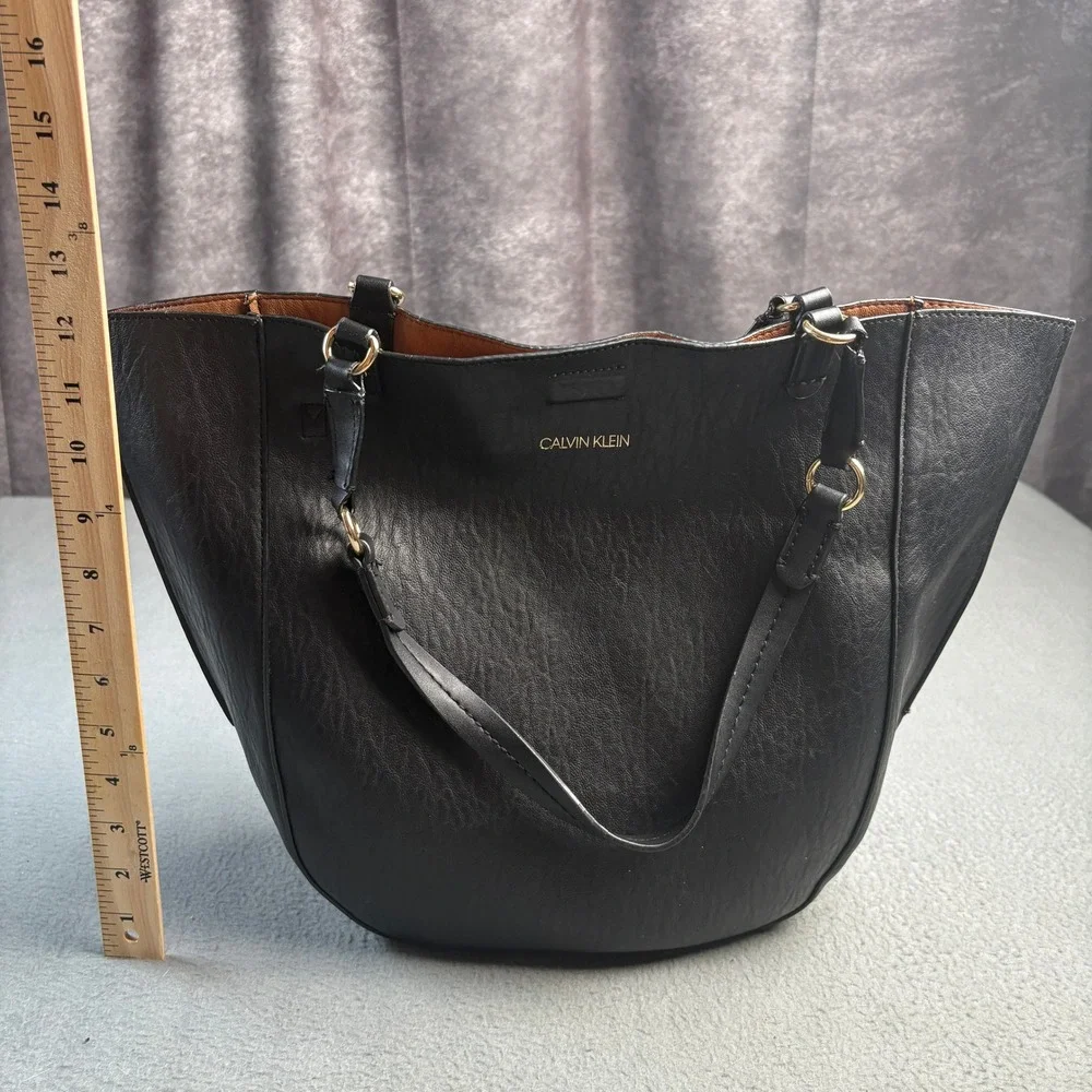 Calvin Klein Black Faux Leather Winged Tote Bag Gold Hardware Handbag